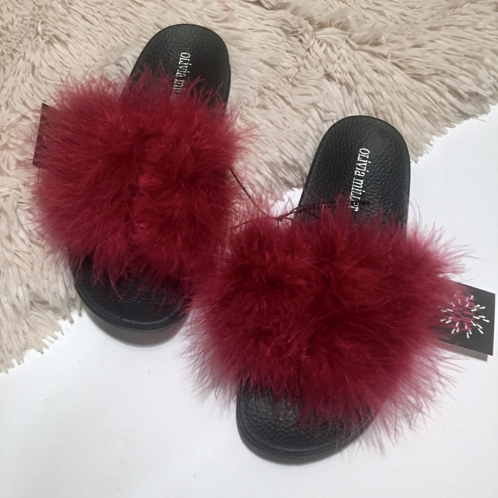 Olivia Miller Marabou Feather Slide on Sandals - Picture 2 of 7